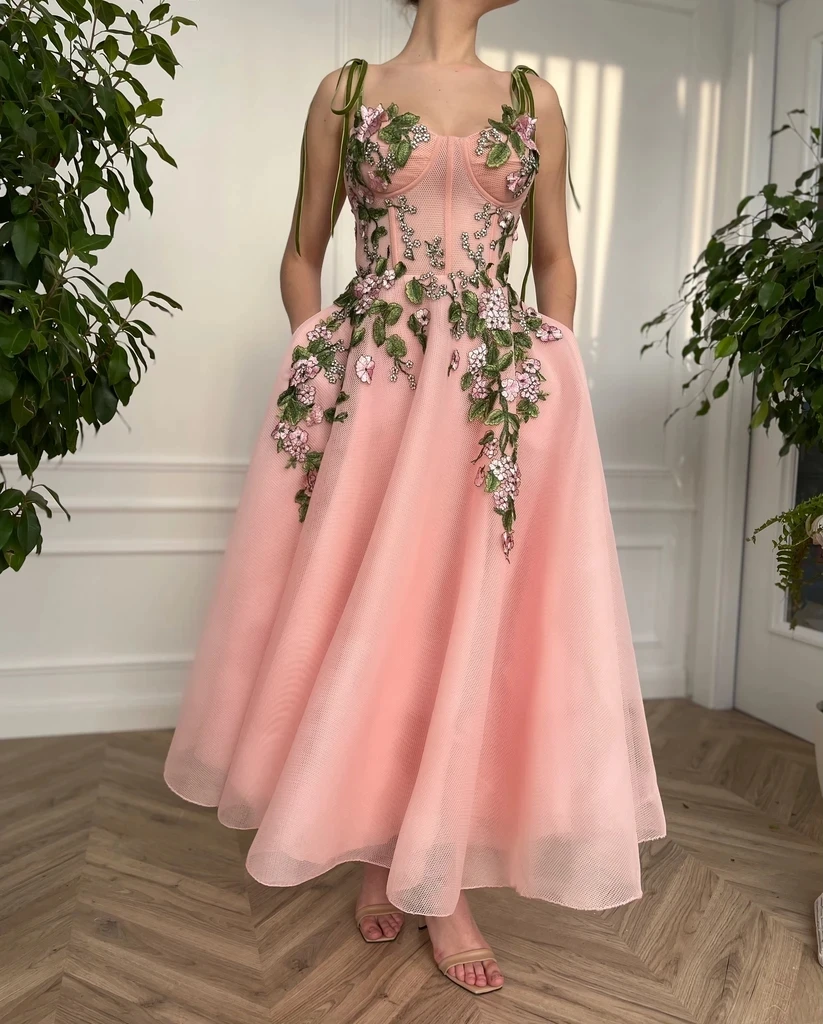 

Pink Moroccan Prom Dresses A-line Spaghetti Straps Ankle Length Tulle Appliques Robe De Soiree Prom Gown Evening Dresses