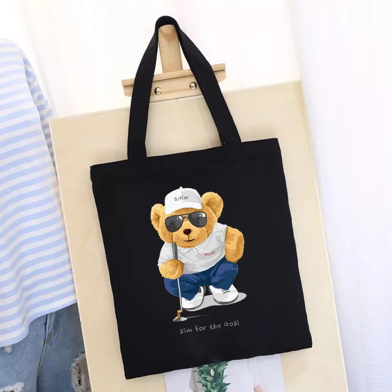 All-match Bear Series Women Shopping Printed Handbag Foldable Washable Reusable Ecobag Shopping Bag New Student Canvas Tote Bag