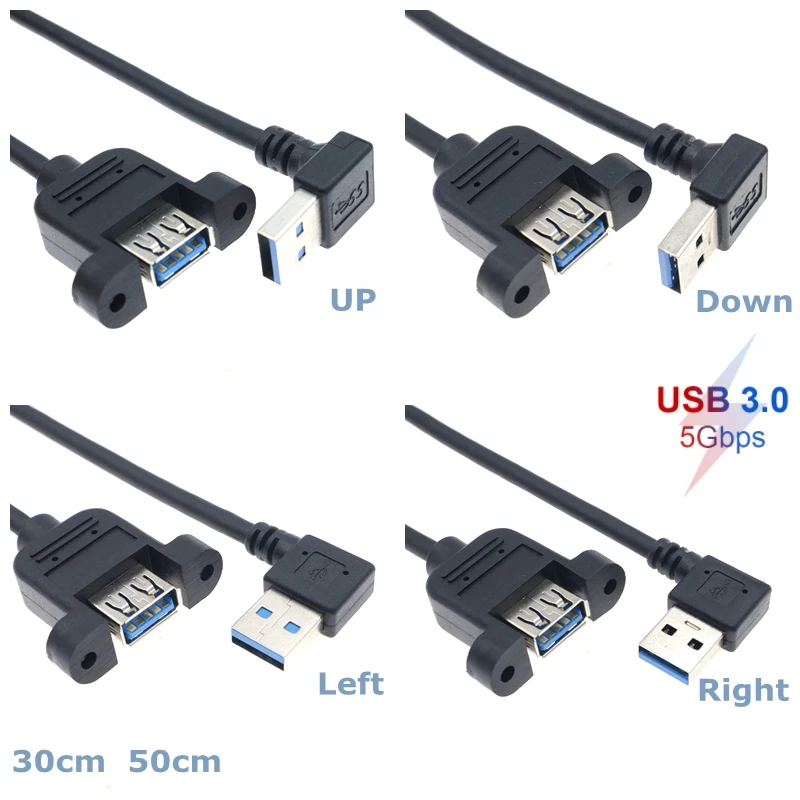 For Laptops and Tablets 90 Degree Angle USB 3.0 Male-to-Female Tape Panel Mounting Screw Hole Adapter Extension cable 5Gbps