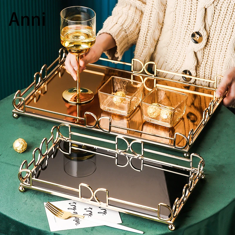 

Gold Inlay Rectangle Storage Trays Decorative European Metal Glass Mirror Tray Jewelry Cosmetic Display Plates Home Decoration