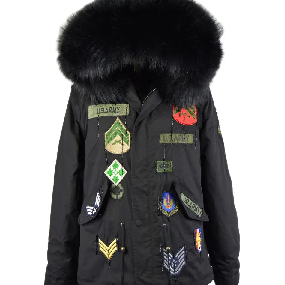 Thick Warm Black Short Fur Overcoat Men And Women Parka With Faux Fur Fashion Badge Padded Coat