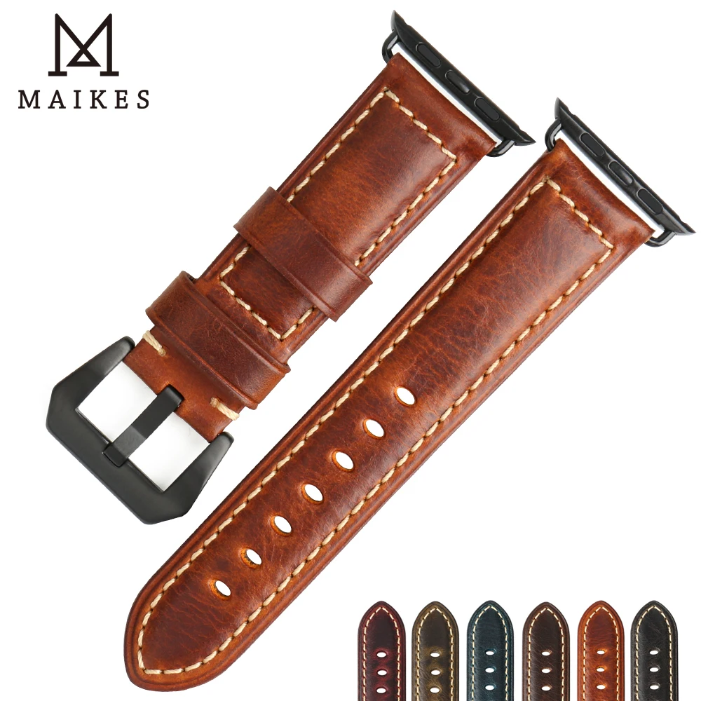 MAIKES genuine cow leather watch accessories for apple watch strap 45mm 38mm brown apple watch band 44mm 41mm iwatch 7 bracelet