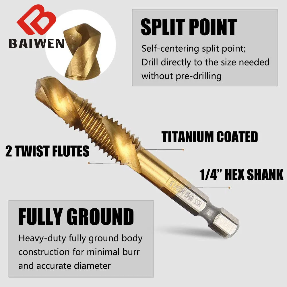 Juego de brocas de grifo de 1/4 ", vástago hexagonal, tornillo compuesto Chapado en titanio M3/M4/M5/M6/M8/M10, herramientas y accesorios para trabajar la madera, 6 piezas