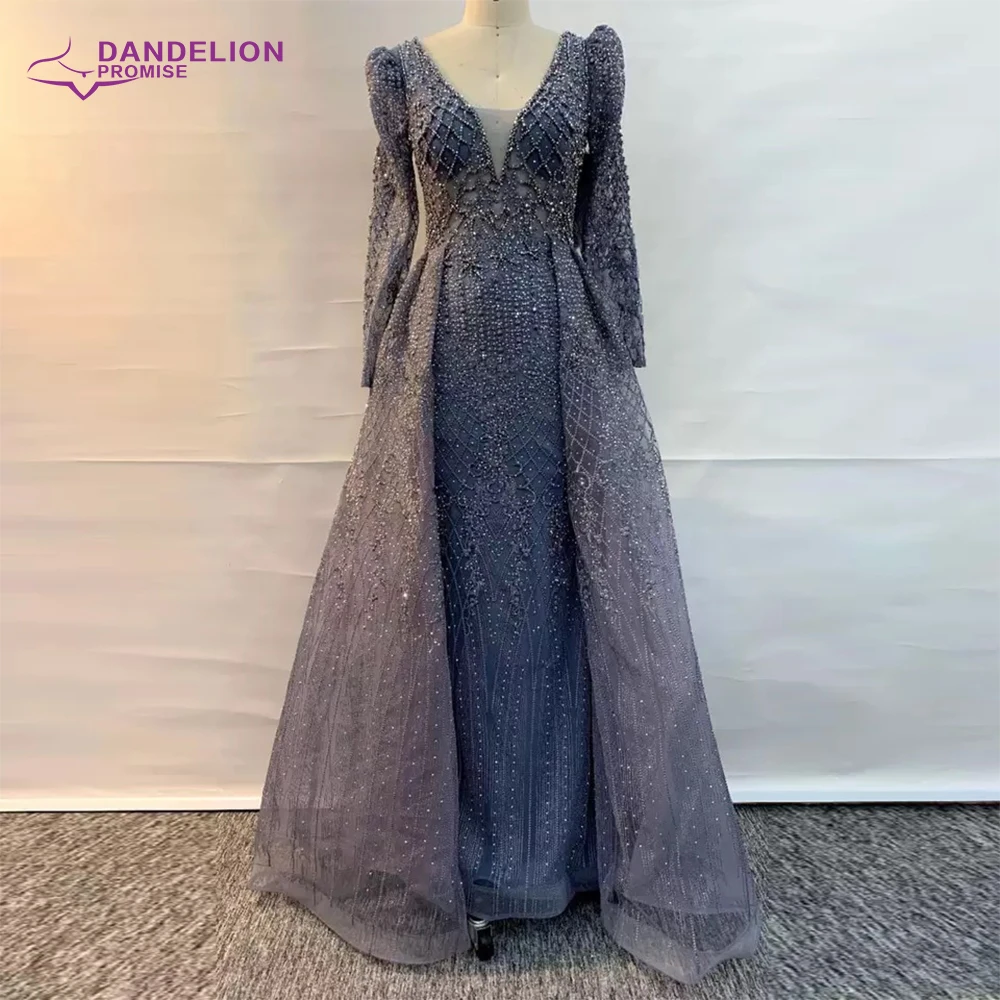 Vestido de noche de lujo de Dubái para mujer, vestido de sirena con cuello en V, mangas largas, cuentas, hecho a mano, vestidos de fiesta formales 2020