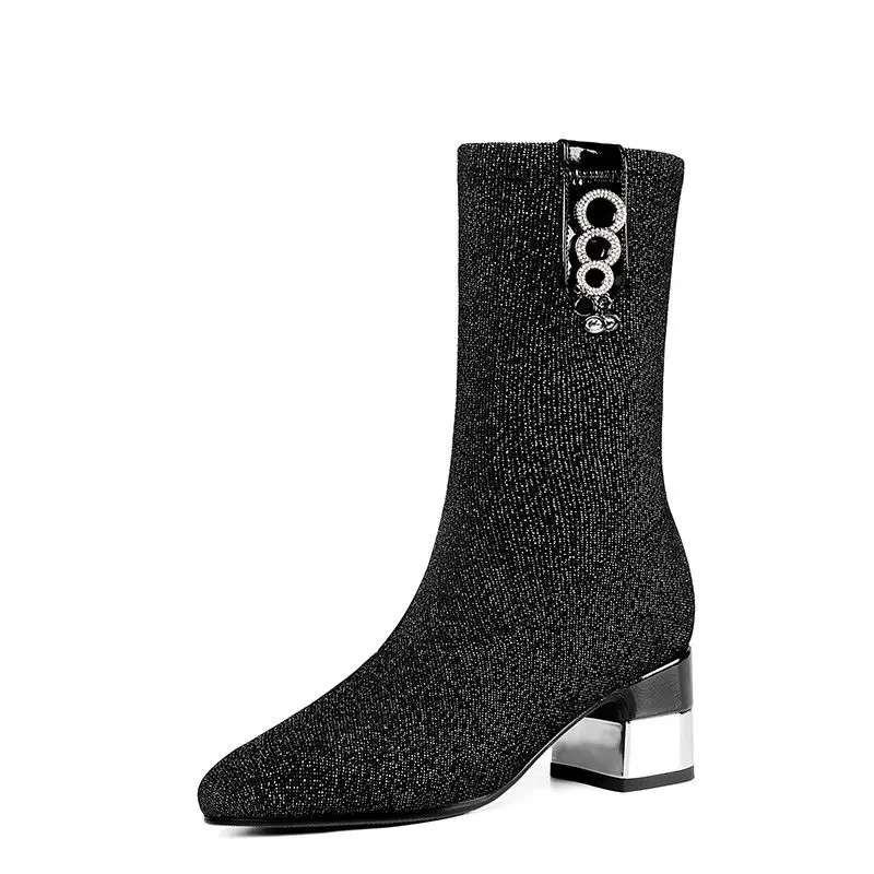 Elastic Boots Woman MID Heels Sock Boots Women Booties Autumn/Winter Shoes Pointed toe Rhinestone 2020 Female Footware BLACK