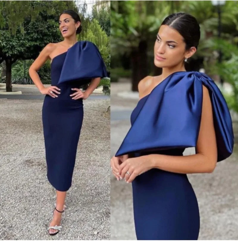 

Navy Blue Satin Formal Evening Dress 2023 With Big Bowknot One Shoulder Tea Length Women Prom Party Gown Robe De Soiree