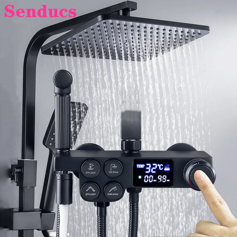 

Bathroom Shower Set Senducs Black Bronze Digital Bath Shower System with 10 Inch Shower Head Black Thermostatic Shower Mixer Set