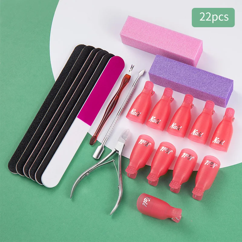 22 pz/set Nail Art spugna tampone lucidatura cuticola forbici spintori 10 pz Soaker Caps manicure strumenti professionali per Nail Art