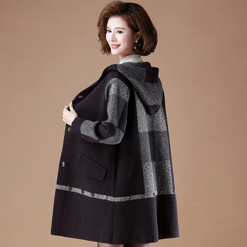 2023New Winter Mink Velvet Plaid Jacket Mother\'s Woolen Coat Women 5XL Outwear Middle-Aged Ladies Tops Long Overcoat