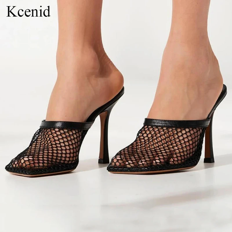 Kcenid New Summer Mules Shoes Women Sexy Hollow Mesh Square Toe Shoes For Women High Heels Summer Party Pumps Apricot Black