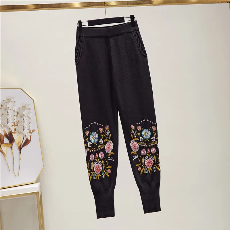 Autumn Fashion Black Knitted Tracksuit Women Outfits Embroidery Flowers Sweater Pencil Pants Set Loose Casual Knit Suit Female