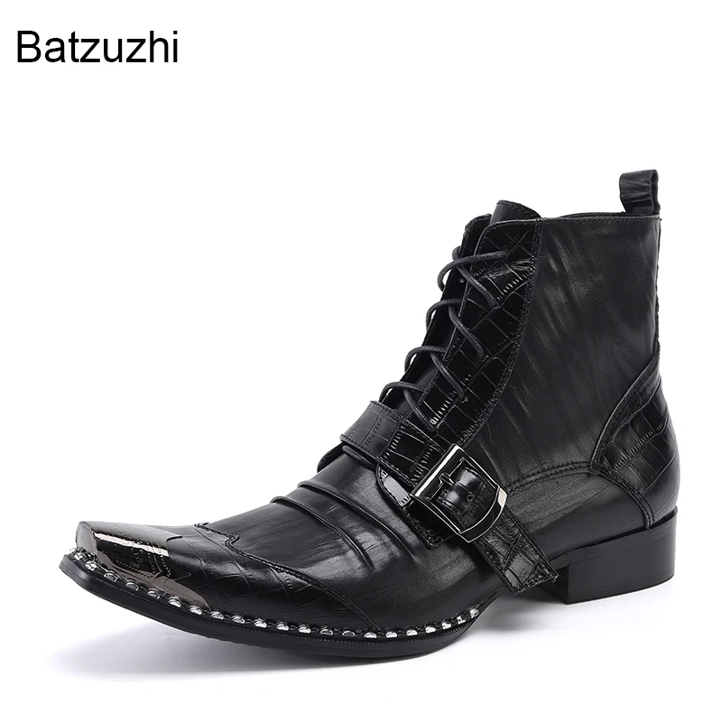 Batzuzhi New Arrival Fashion Men's Boots Pointed Metal Head Black Genuine Leather Ankle Boots Men Lace-up Zapatos Hombre, 38-46