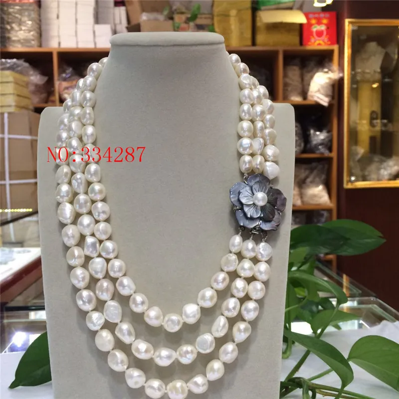 New Elegant lady's big 3row 9-10mm baroque white freshwater pearl necklace 20