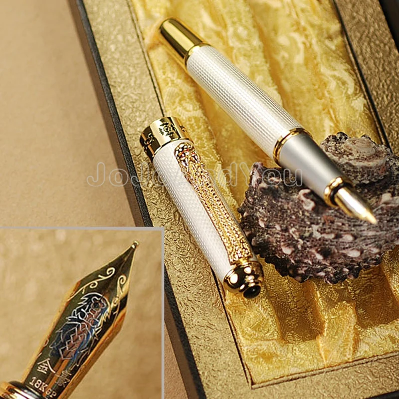 Jinhao Classic Dragon Clip Fountain Pen & Rolllerball Pen Metal Writing Signature Pen White Color Business With Gift Box