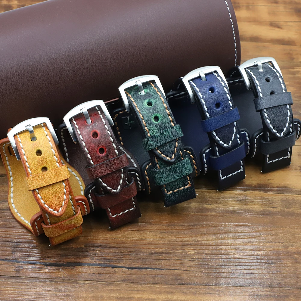 Leather Bund Strap Men\'s Watch Band 20mm 22mm 24mm Cowhide Cuff Watch Bracelet Yellow Blue Black Green Red Color Watch Strap