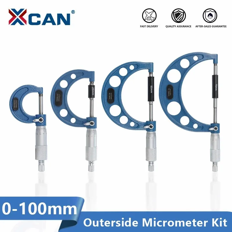 XCAN Micrometer Bearing Steel Outside Micrometer 4pcs 0-25/50/75/100mm Accuracy 0.01mm Outside Diameter Measuring Tool