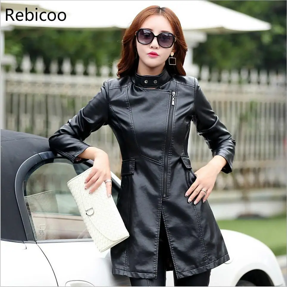 Jaket Mantel Kulit M-5XL Jaket Wanita Panjang Kain Perca Ramping Mode Pakaian Luar Sepeda Motor PU Kualitas Tinggi Musim Gugur Musim Dingin