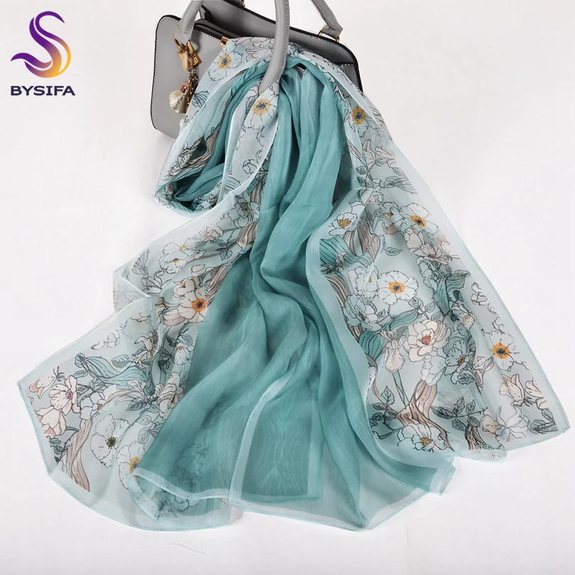 [BYSIFA] Bean Green 100% Silk Chiffon Hijab Scarf Ladies Brand Long Scarf Beach Shawls Autunm Winter Women Floral Design Scarves