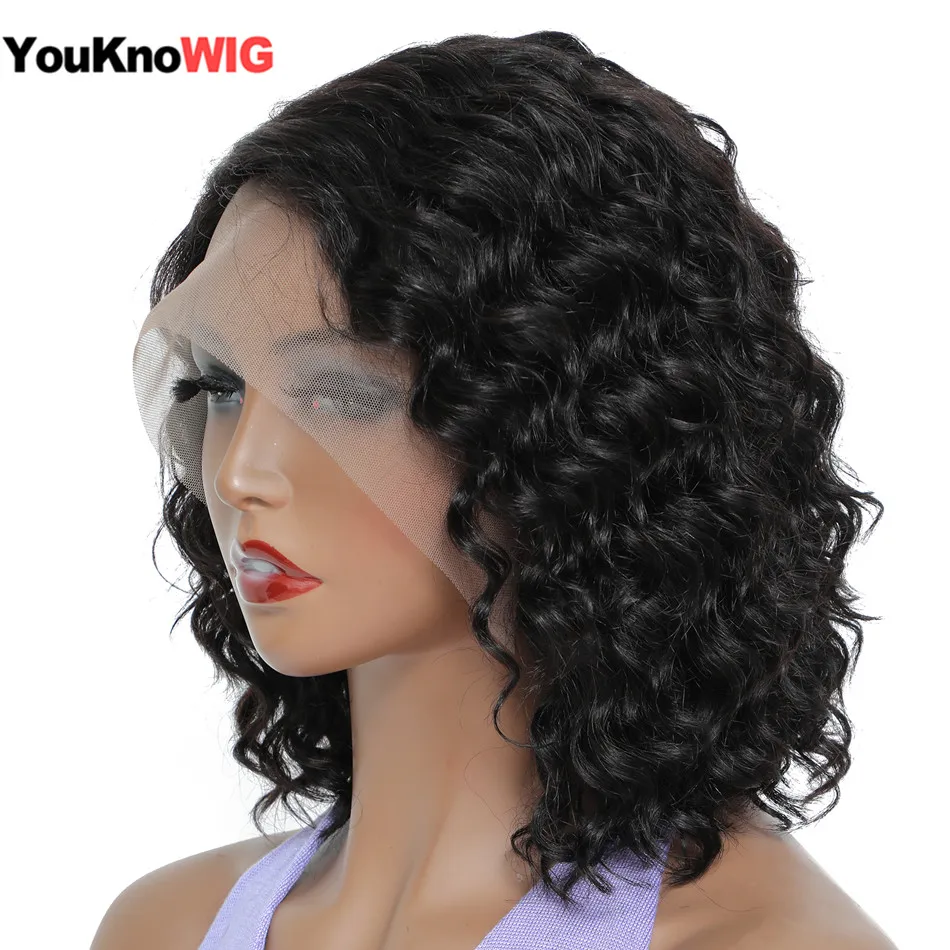 Perucas de Onda Profunda Curta com o Cabelo do Bebรช, Remy Brasileiro Cabelo Humano, Profunda Encaracolado T Parte Peruca Lace, Linha Fina Natural,