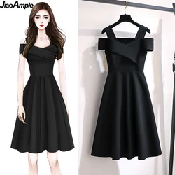 (40-100kg) 2025 New Big Size Slim Pure Color Dress French Style Graceful Sweet Slash Neck Dresses Girls Fashion Joker Date Skirt