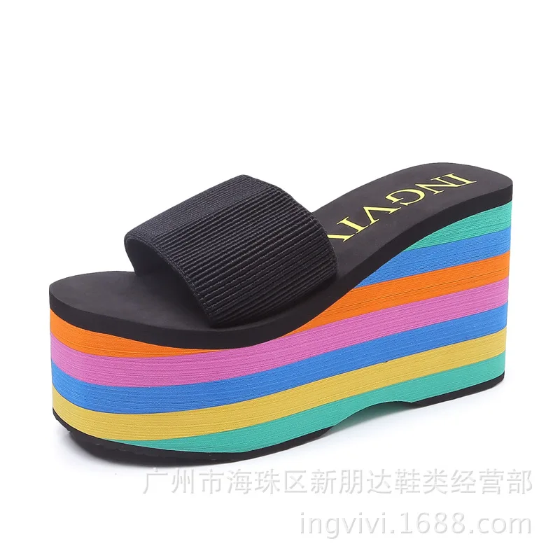 New Summer Women Sandals Rainbow wedges Beach Flip Flops Home Slipper Ladies Outdoor Heels Shoes Non Slip Soft Zapatos Mujer