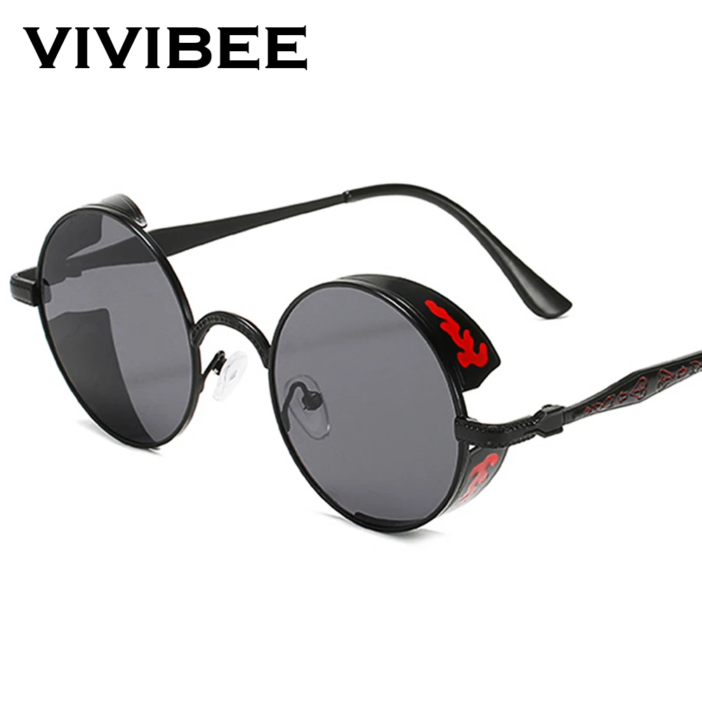 

VIVIBEE Steampunk Red Sunglasses for Men Fashion Round Metal Retro Accessories Grunge Women 2024 Punk Goggles Gothic Shades