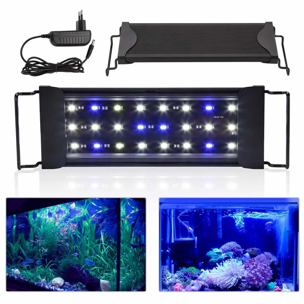 Super Bright Fish Tank Light with Extendable Brackets, Aquarium LED Lamp, Blue and White, Aquatic Plants Grow Light, 25 cm, 45cm