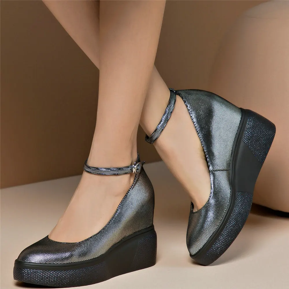 2023 Mary Jane Shoes Women Genuine Leather Wedges High Heel Platform Pumps Shoes Female Round Toe Fashion Sneakers Casual Shoes