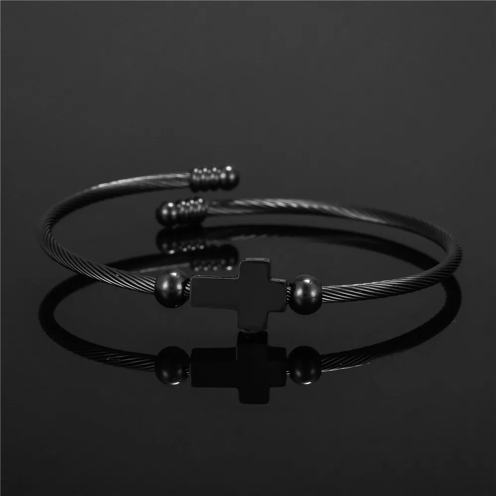 Elegante braccialetto a croce per donna uomo bracciale rigido in acciaio inossidabile lucido Unisex fede religiosa gioielli con croce aperta