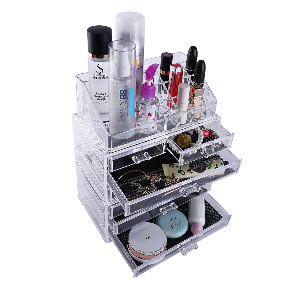 3Pcs Set Cosmetics Storage Rack/Shelf/Stand Makeup Organizer Case with 2 Small & 5 Large Drawers Transparent/Black[US-Stock]