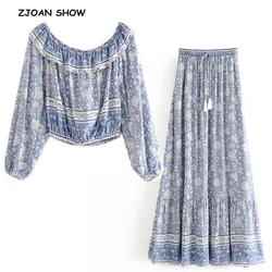 2020 BOHO Ruffle Elastic Slash neck Floral Print Pullover Shirt Women Elastic Waist Maxi Long Skirt Pink Holiday 2 Pieces Set