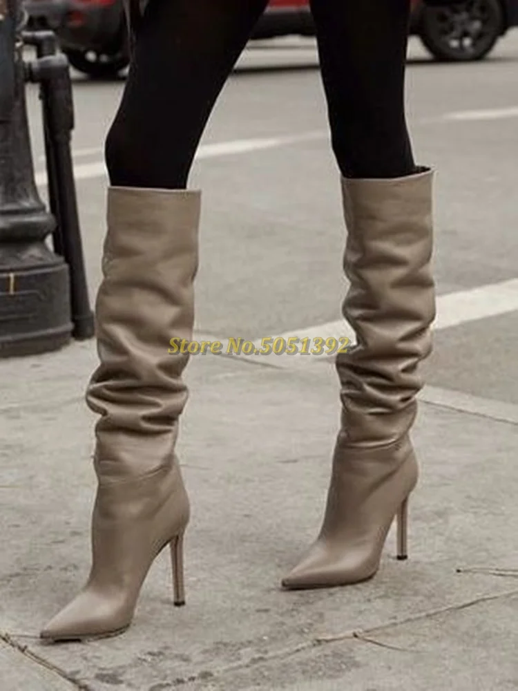 Slouch Pointed Knee Boots Matte Leather Stiletto Heels Knee High Boots Pointed Toe Vogue Street Dress Shoes Tall Boots Long Boot