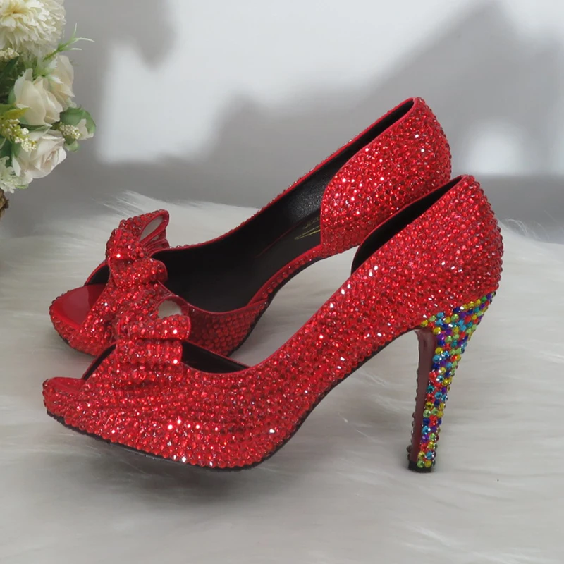 BaoYaFang 2021 New Arrival Red Crystal women wedding shoes Bridal High heels Open Toe Woman Party Dress Shoes Fashion High Pumps