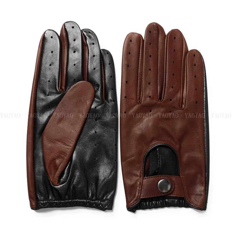 YYST29 Branded New Spring Men Genuine Leather Gloves Male Double Color Patchwork Punk Thin Luvas Fashion Driving Mittens