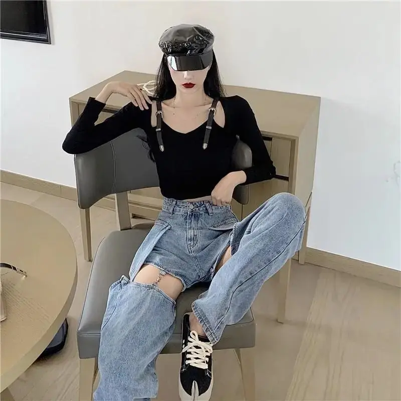 Frauen Gerade Bein Zerrissenen Jeans Für Frauen Mode Lose Loch Streetwear Frauen Hohe Taille Hosen Loch Freund Denim Hosen