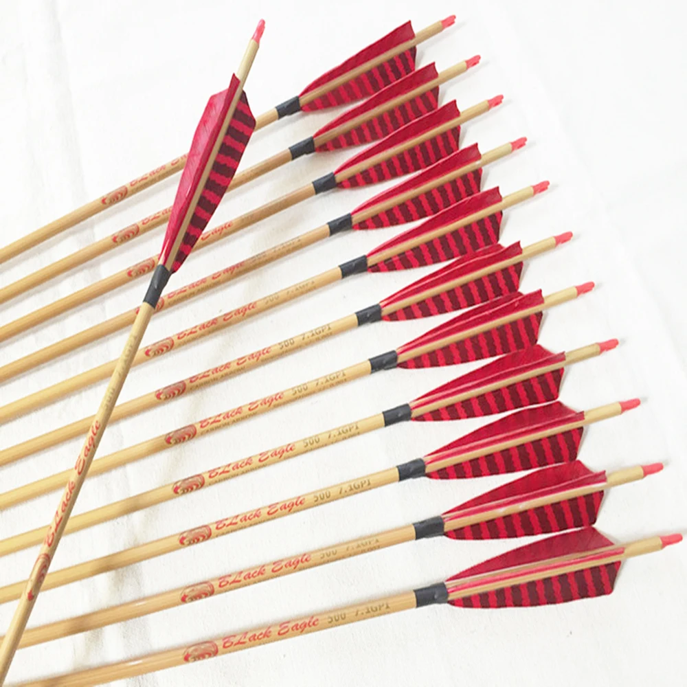 

12pcs Archery carbon arrows bamboo skin arrow shafts spine500 ID6.2mm 5" stripe Turkey fletching feathers traditional bow