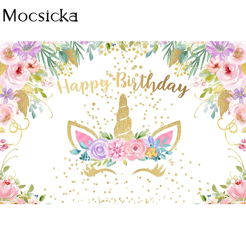 Mocsicka Birthday Party Photography Background Unicorn Flower Decoration Child Portrait Photo Backdrop Studio