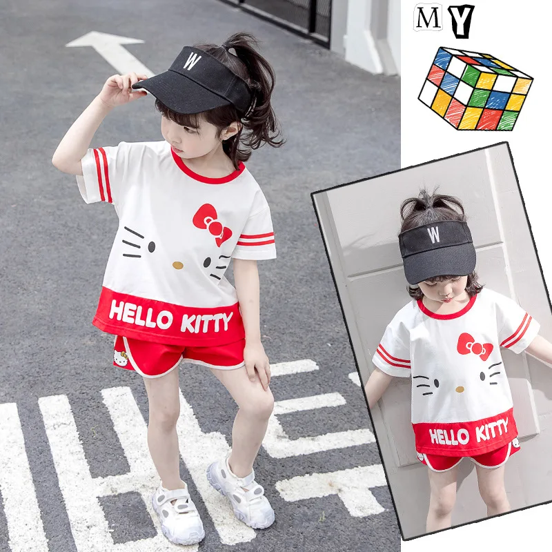 Hello Kitty Girls Summer Cotton Comfortable Short-sleeved Suit Baby Pullover T-shirt Shorts Casual Two-piece Children\'s Clothing