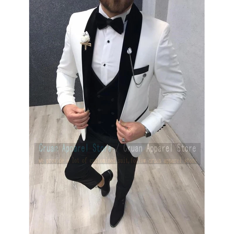 Fashion Black Suits for Men Formal Slim Fit Best Man Groom Wedding Dress Tuxedo Business Jacket Double Breasted Vest Pants 3Pcs