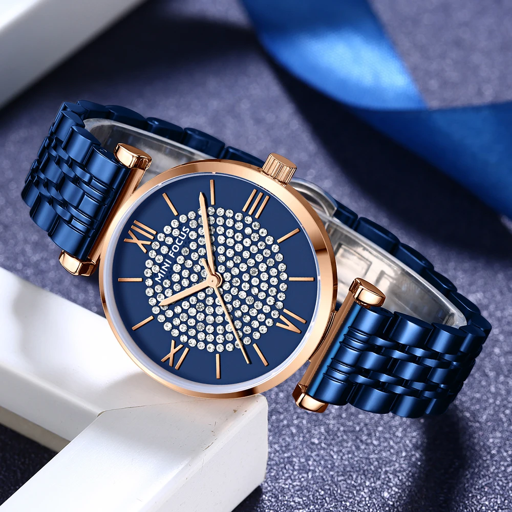 Mini Focus Damen blau Armbanduhr Frauen Strass Voll diamant Uhren Top Luxusmarke wasserdichte Quarz Damen uhr