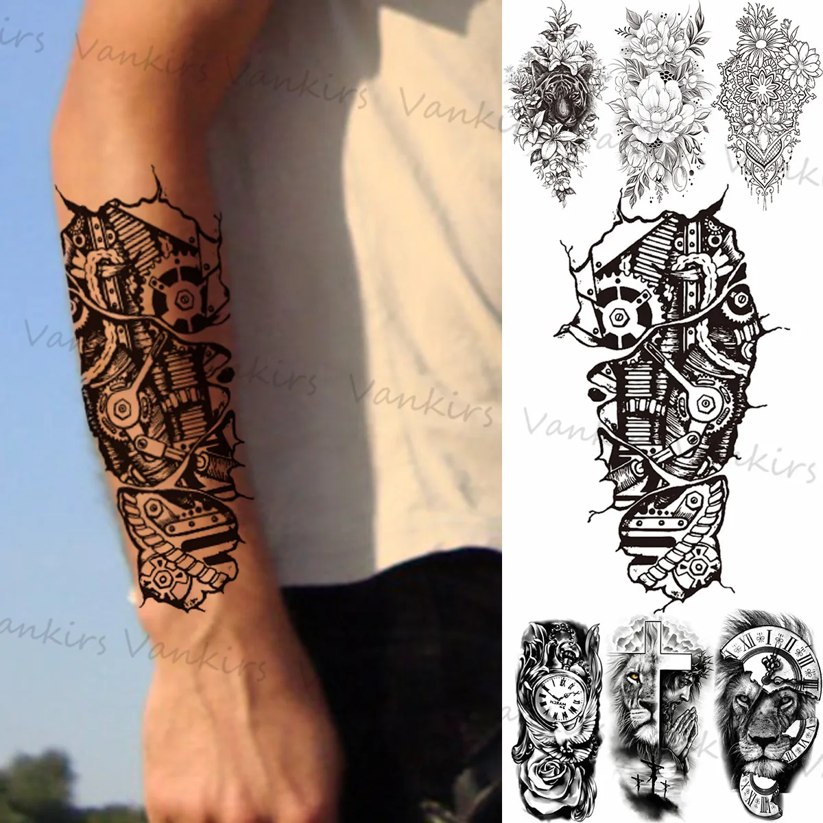 3D Robot Arm Temporary Tattoos For Men Women Pendant Flower Compass Lion Prayer Fake Tattoo Sticker Arm Body Tatoos Waterproof