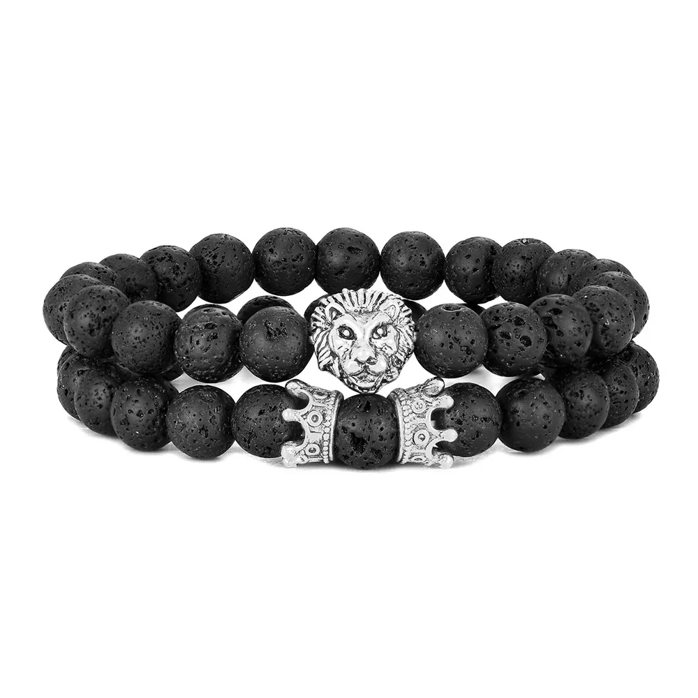 2 Teile/satz Vintage Lion Kopf und Crown Charm Armband 8mm Natürliche Lava Stein Perlen Armband Männer 2020 Mode Schmuck