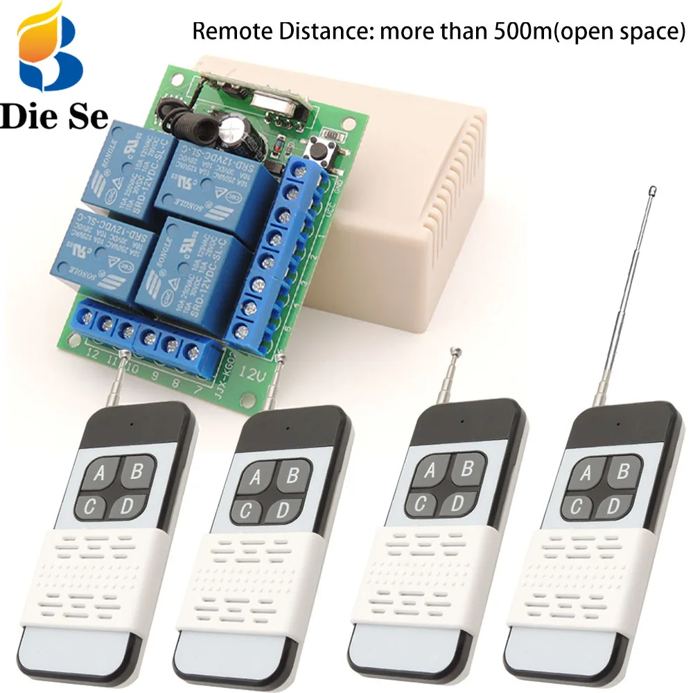 Universal Remote Control DC 12V 4CH Relay Receiver and 433MHz RF 500m Transmitter, for Garage Door Light Motor Home Appliance