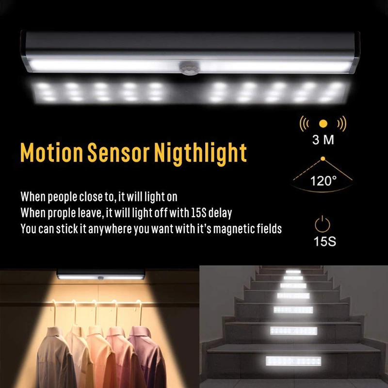 30 LED Motion Sensor Under Cabinet Light USB Rechargeable Motion Sensor Light For Kitchen Stair Hallway Cupboard Wardrobe Closet