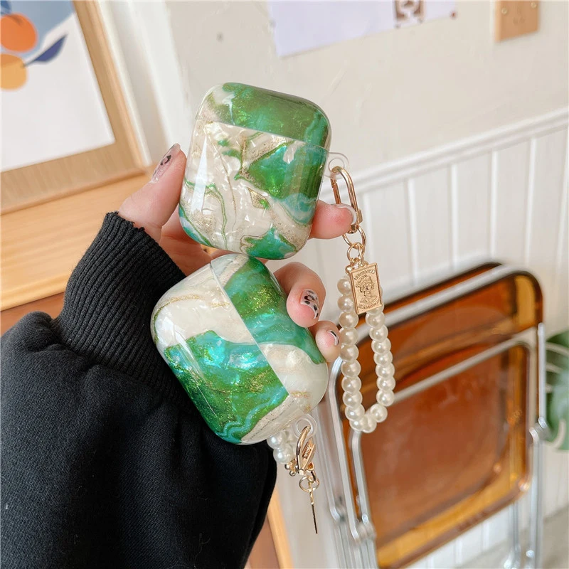 Para Apple AirPods 1 2 3 Pro funda de lujo verde Esmeralda mármol brillante funda para auriculares para AirPods 3 funda lindo corazón perla llavero
