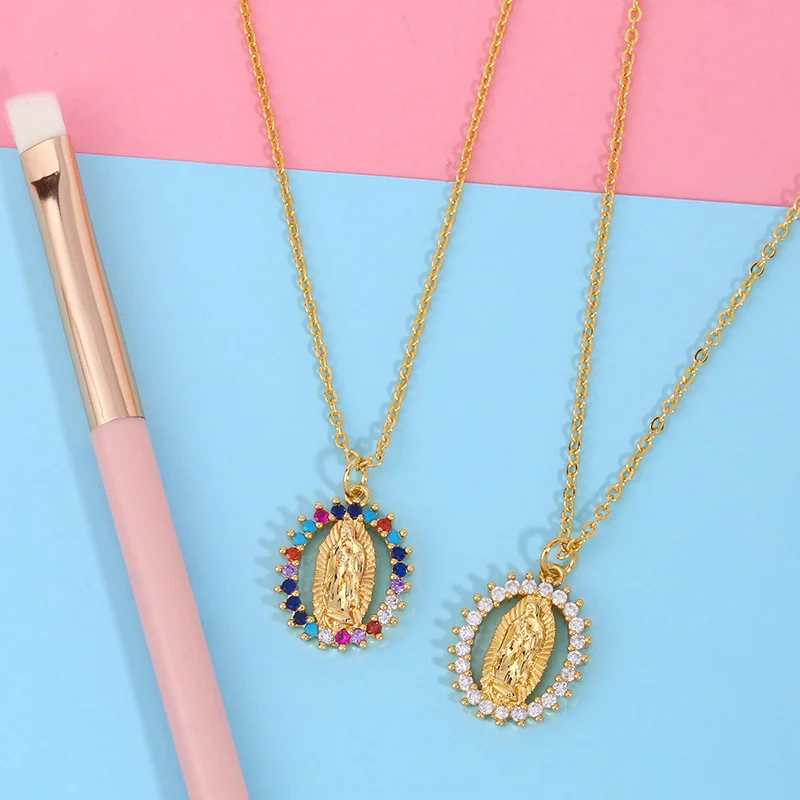 FLOLA Small CZ Crystal Virgin Mary Necklaces for Women Copper Gold Plated Guadalupe Necklaces Catholic Protection Jewelry nkeq94