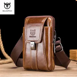 BULLCAPTAIN  Genuine Leather Vintage Waist Packs Men Travel Fanny Pack Belt Bum Shoulder Bag Waist Bag Mobile Phone Pouch