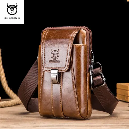 Imagen 1 del producto Riñoneras Vintage de cuero genuino BULLCAPTAIN, riñonera de viaje para hombre, bolso de hombro con cinturón, riñonera, bolsa para teléfono móvil