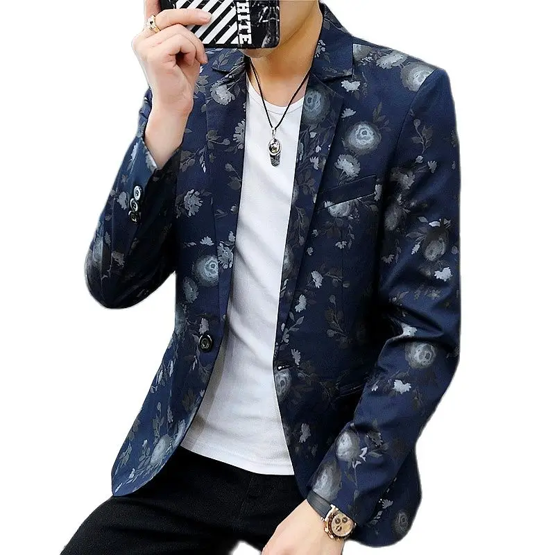 White Men Flower Blazer Coat, Asian Size Suit Jacket, Blue Black Jaqueta Male Slim Fit Outerwear M-6XL