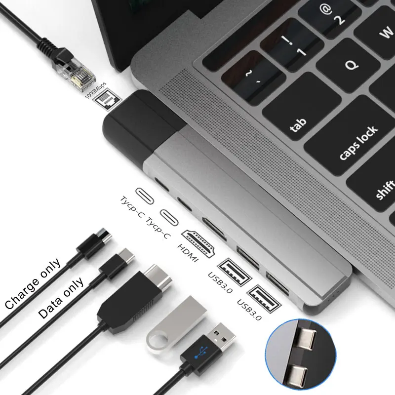 

6 IN 2 Type C Hub Adapter with Gigabit Ethernet and 40Gb/s C-USB 100W and 5Gb/s Type-C with 60W PD and 4K HDM and 2 USB3.0